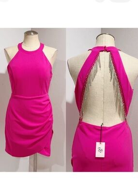 Sincerely Jules Hot Pink Backless Halter Mini Dress with Chain Rhinestone Fringe